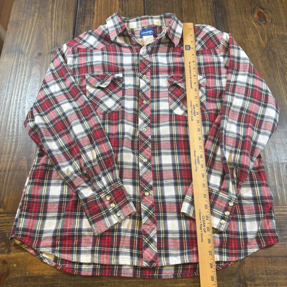 Wrangler Mens XL Red Plaid Flannel Western Pearl Snap Shirt Long Sleeve Vintage